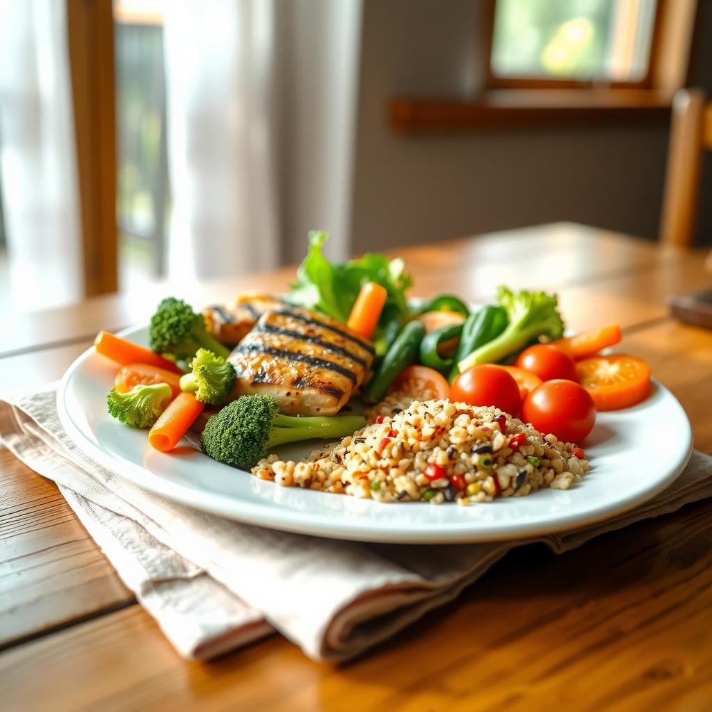 O farfurie sănătoasă cu pui la grătar, legume proaspete și quinoa, așezată pe o masă de lemn, iluminată natural.