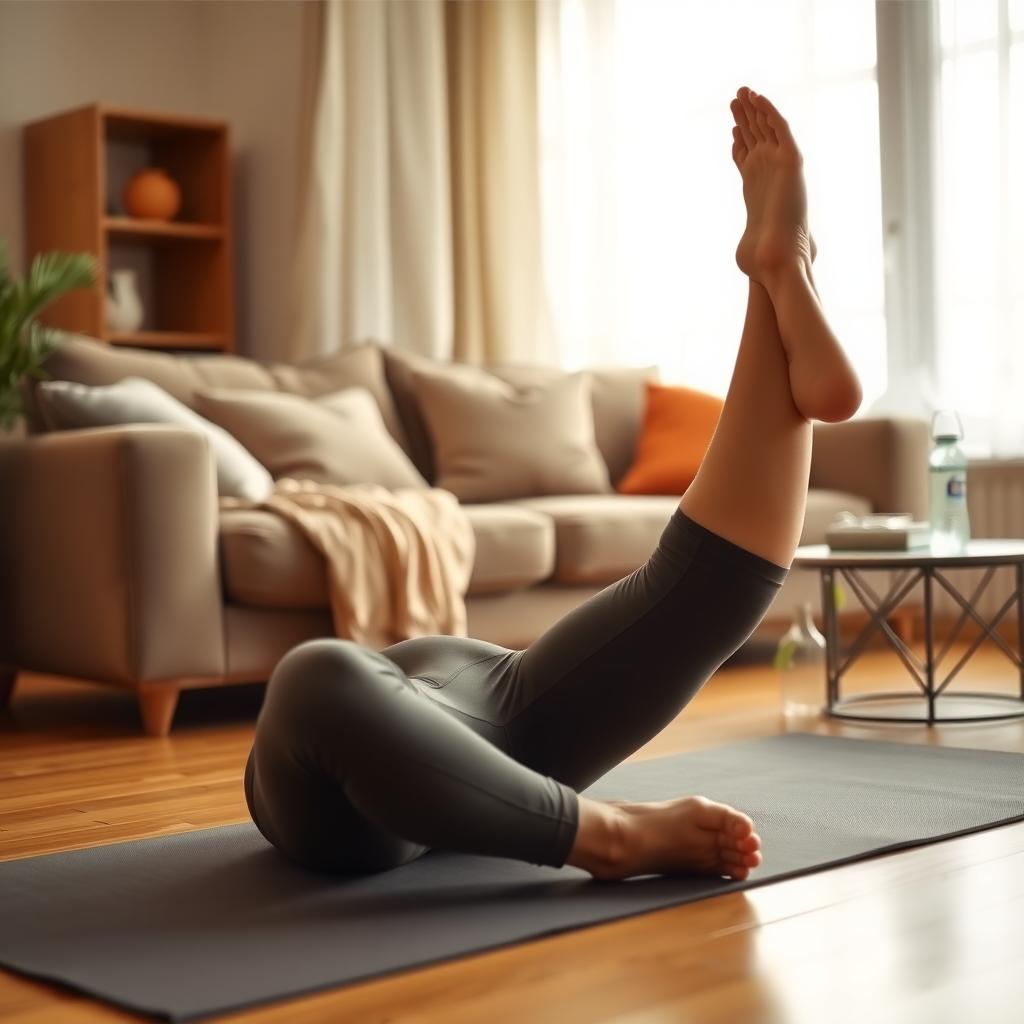 Persoană care efectuează un exercițiu de stretching pentru ischiogambieri pe o saltea de yoga, într-un living confortabil cu lumină caldă.
