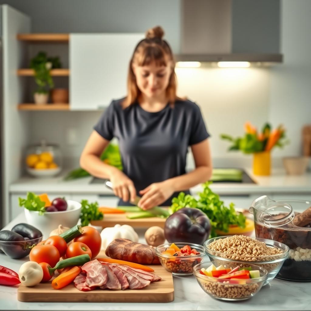 O persoană care pregătește o masă echilibrată într-o bucătărie modernă, cu ingrediente proaspete precum legume colorate, carne slabă și cereale integrale pe blatul de lucru.