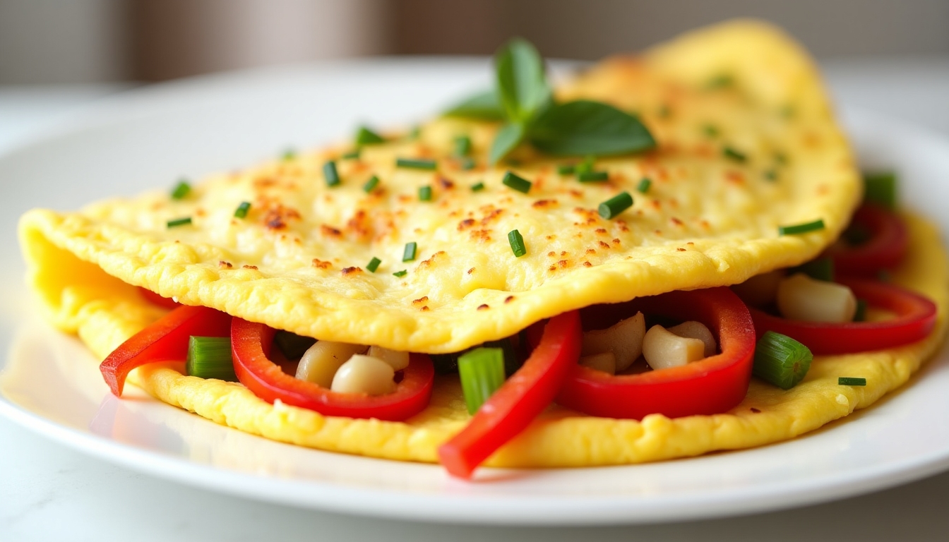 Omletă pufoasă cu ardei roșu și ceapă verde, servită pe o farfurie albă.