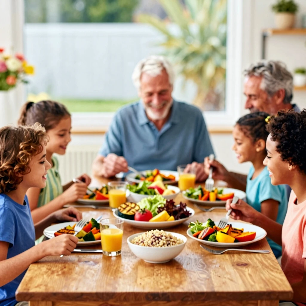 Familie fericită luând cina împreună cu mese pline de legume și fructe colorate