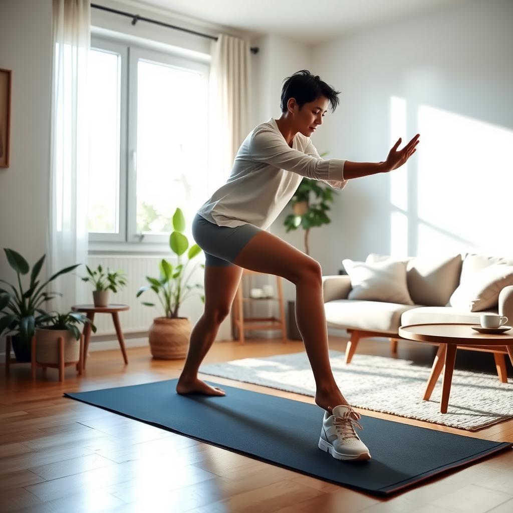 Persoană care face stretching dimineața într-un living confortabil, luminat de soare, cu o ceașcă de cafea pe masă.