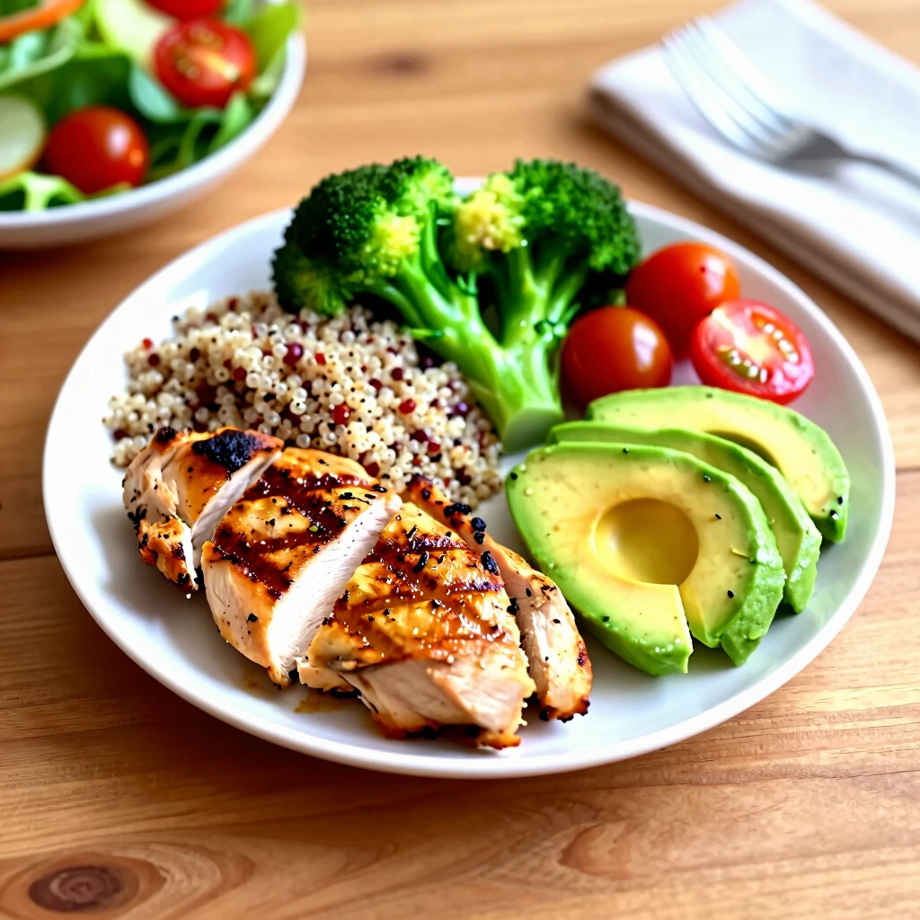 Farfurie echilibrată cu pui la grătar, quinoa, broccoli aburit, roșii cherry, felii de avocado și salată proaspătă, așezată pe o masă de lemn