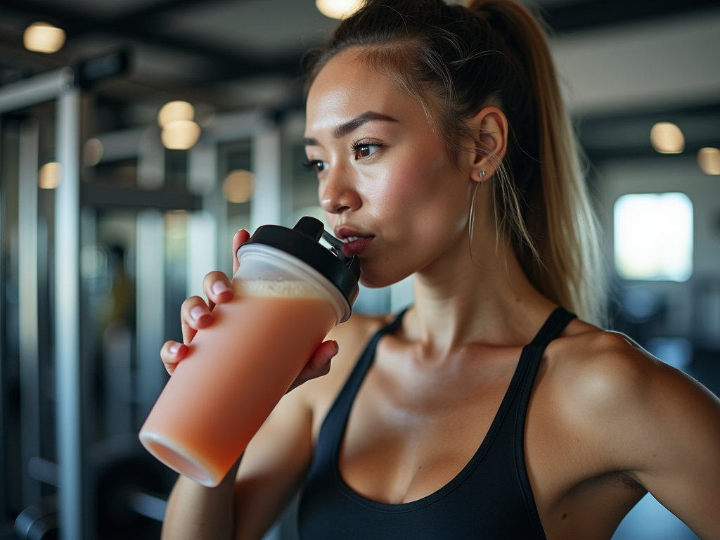 Persoană bând un shake de proteine la sală