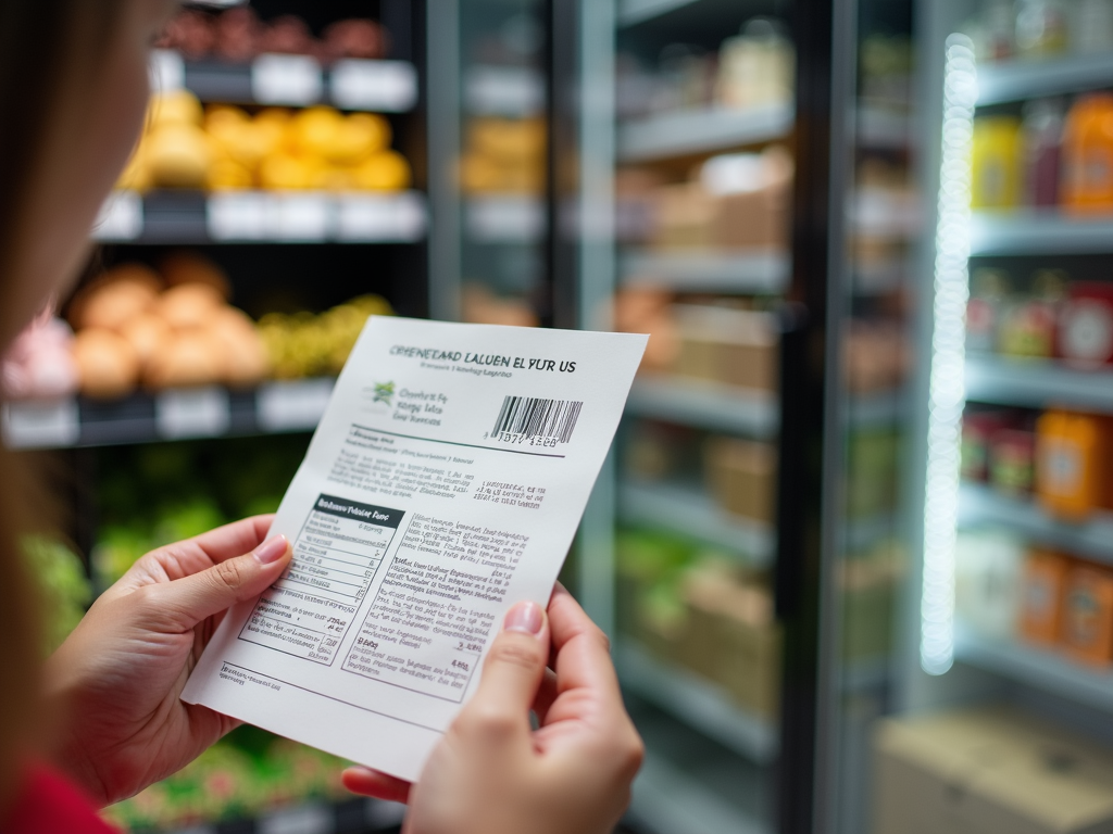 Persoană citind eticheta unui produs alimentar în magazin.