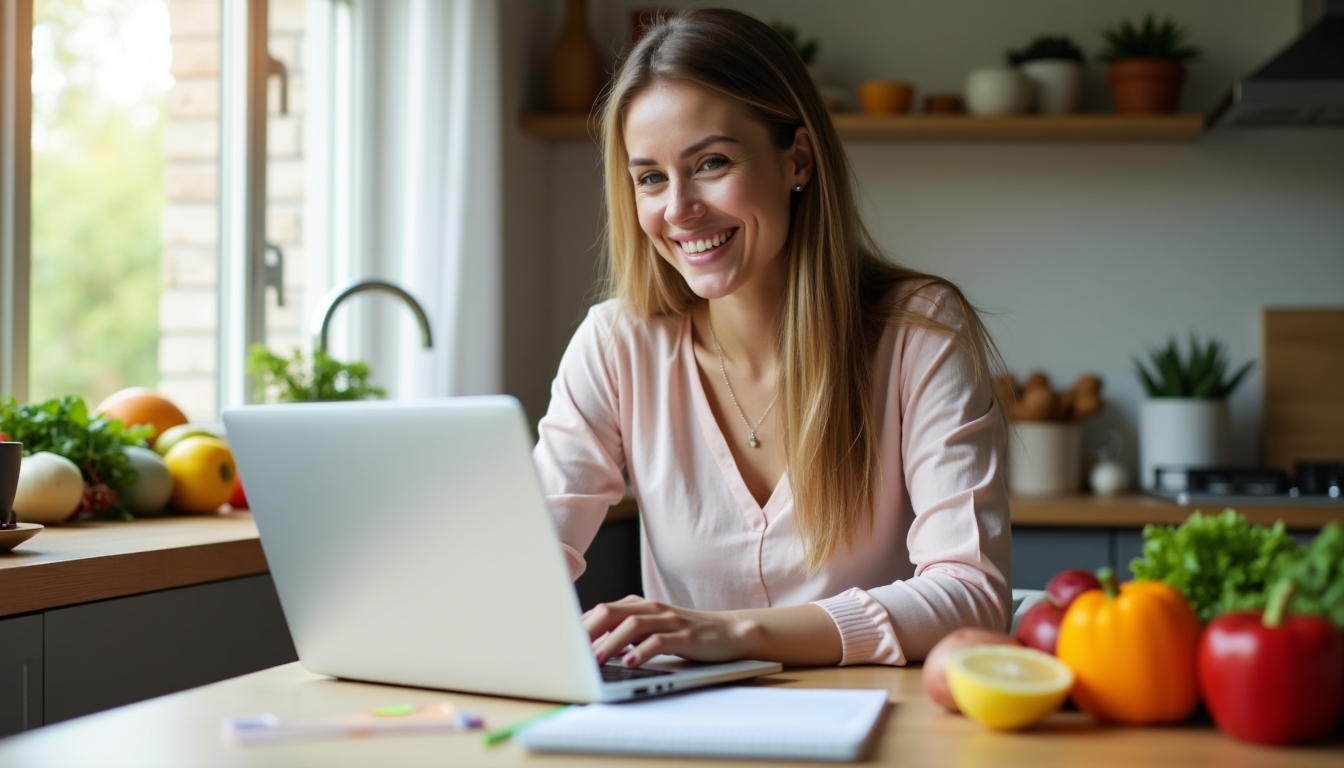 Persoana care planifică mese sănătoase, folosind un laptop și o listă de alimente