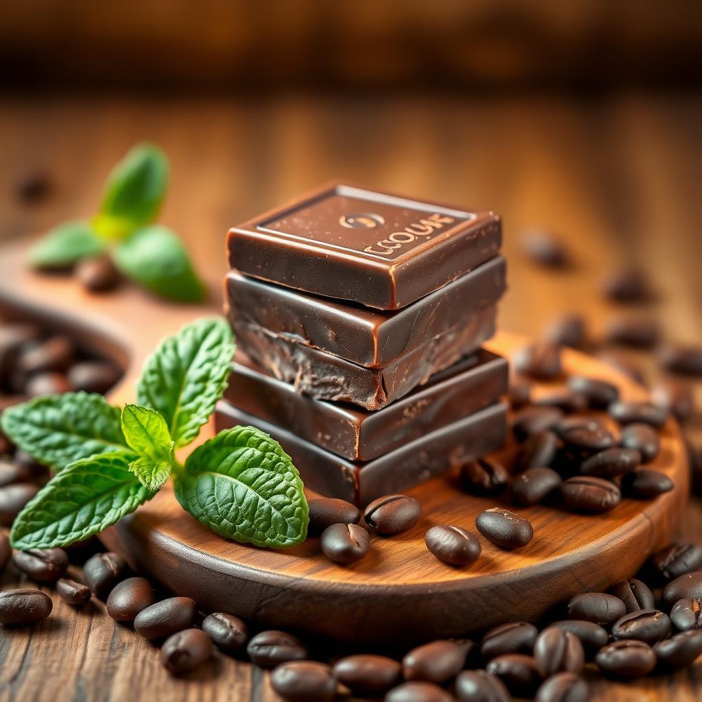 Pătrățele de ciocolată neagră (70% cacao) aranjate pe o placă de lemn, înconjurate de boabe de cacao și o crenguță de mentă proaspătă.