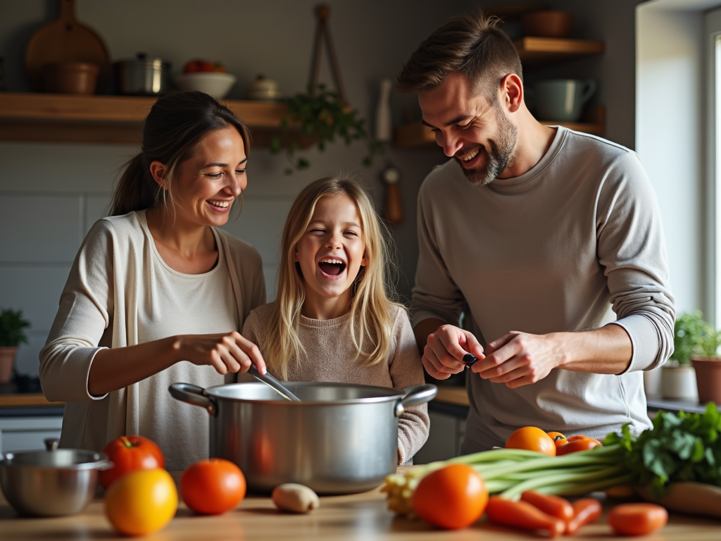 Familie gătind împreună într-o bucătărie primitoare