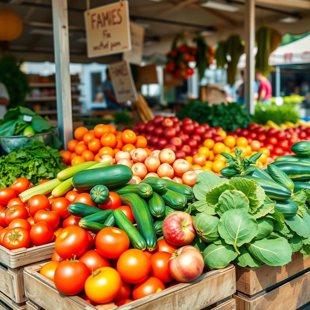 O tarabă de piață vibrantă, plină cu fructe și legume proaspete, precum roșii, dovlecei, mere și verdețuri, aranjate în lădițe de lemn sub lumina naturală a soarelui.