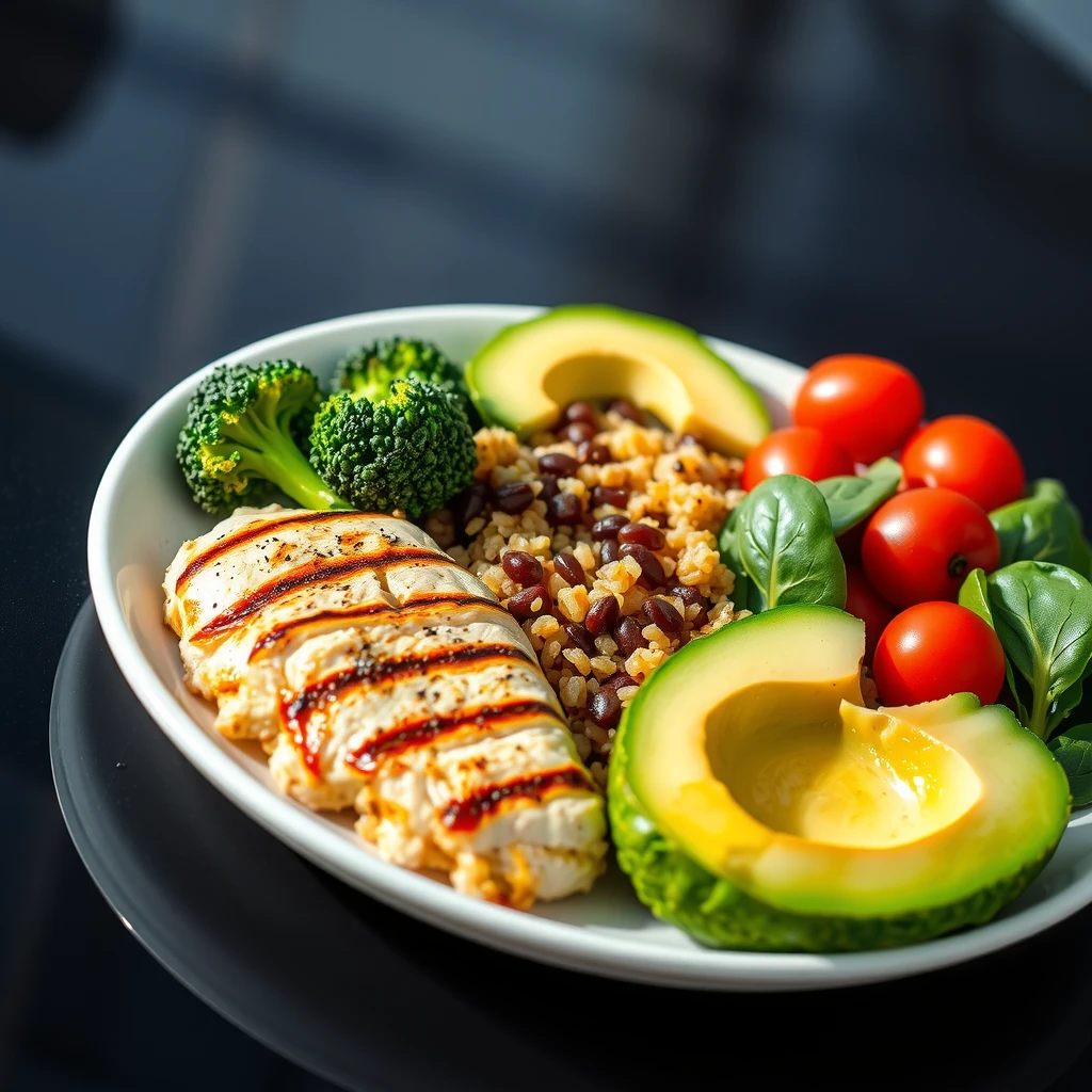 Farfurie sănătoasă cu pui la grătar, quinoa și legume proaspete pentru un regim de slăbit