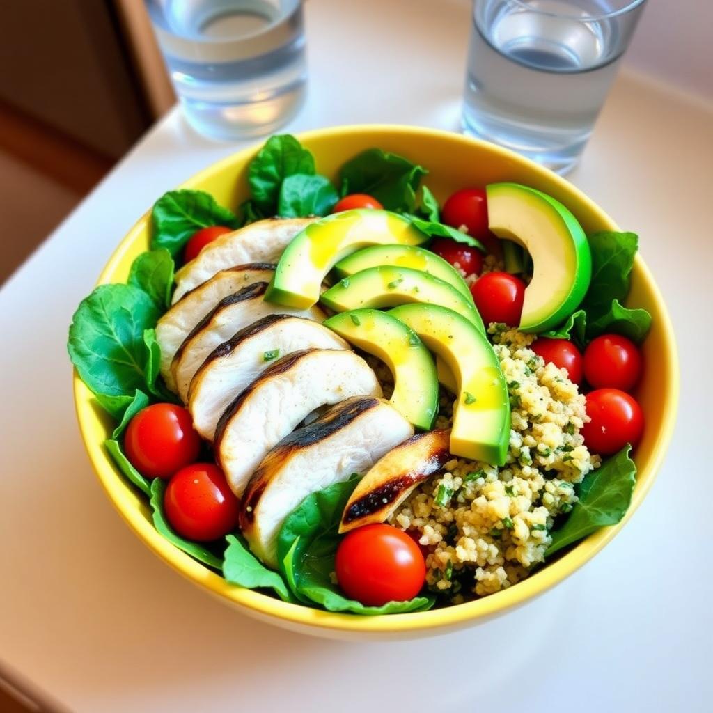 Salată colorată cu spanac, pui la grătar, avocado, roșii cherry și quinoa, stropită cu ulei de măsline și suc de lămâie, pe o masă de bucătărie luminoasă.