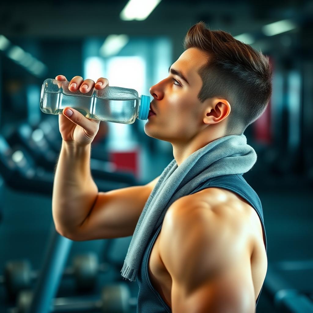 Sportiv în sala de fitness, bând apă dintr-o sticlă reutilizabilă, cu un prosop pe umeri și echipamente de sală în fundal.