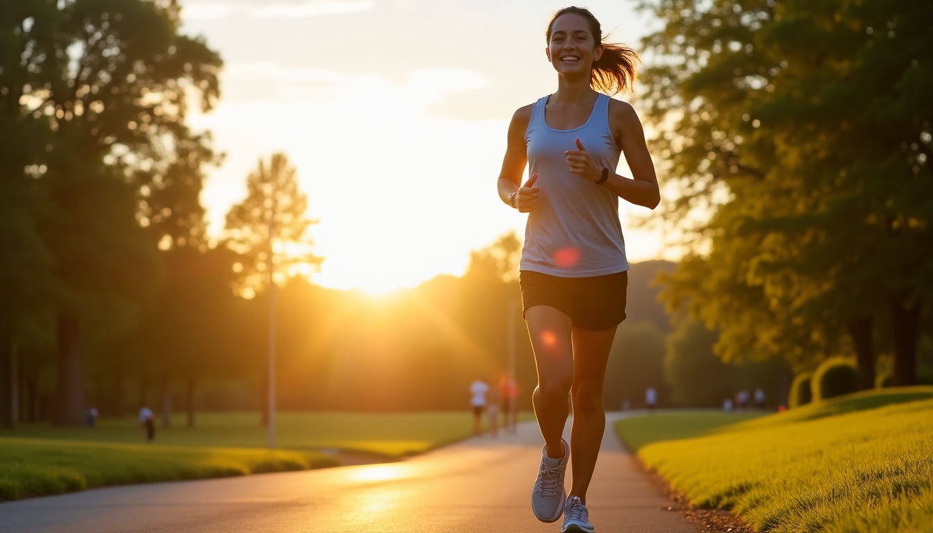O persoană care aleargă într-un parc la răsăritul soarelui, zâmbind, îmbrăcată în haine sport și adidași, înconjurată de verdeață și un cer albastru senin.