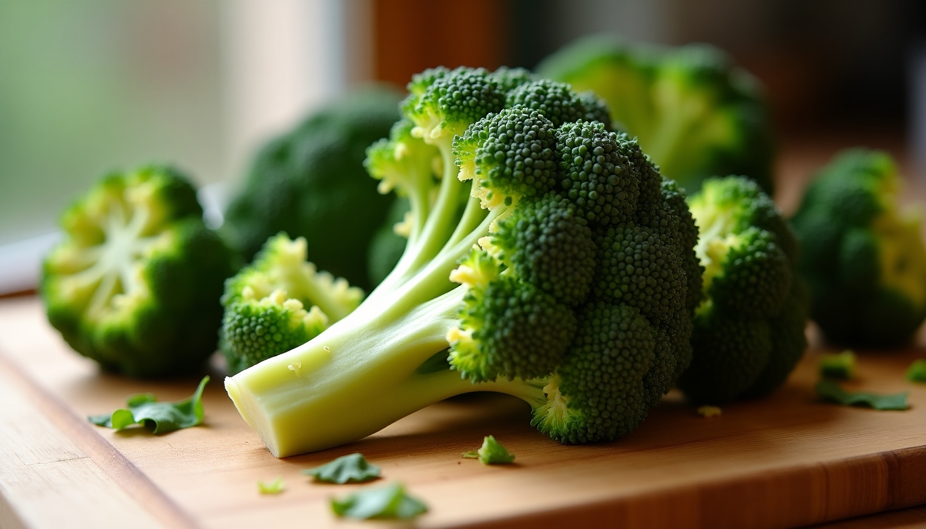Varza de broccoli proaspăt tăiată pe o placă de tăiat din lemn.
