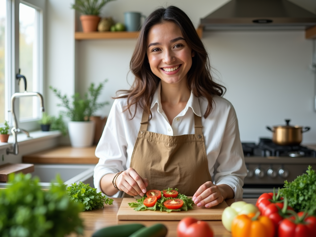 O persoană fericită pregătind o masă sănătoasă într-o bucătărie luminoasă și modernă, înconjurată de ingrediente proaspete și ustensile de gătit.