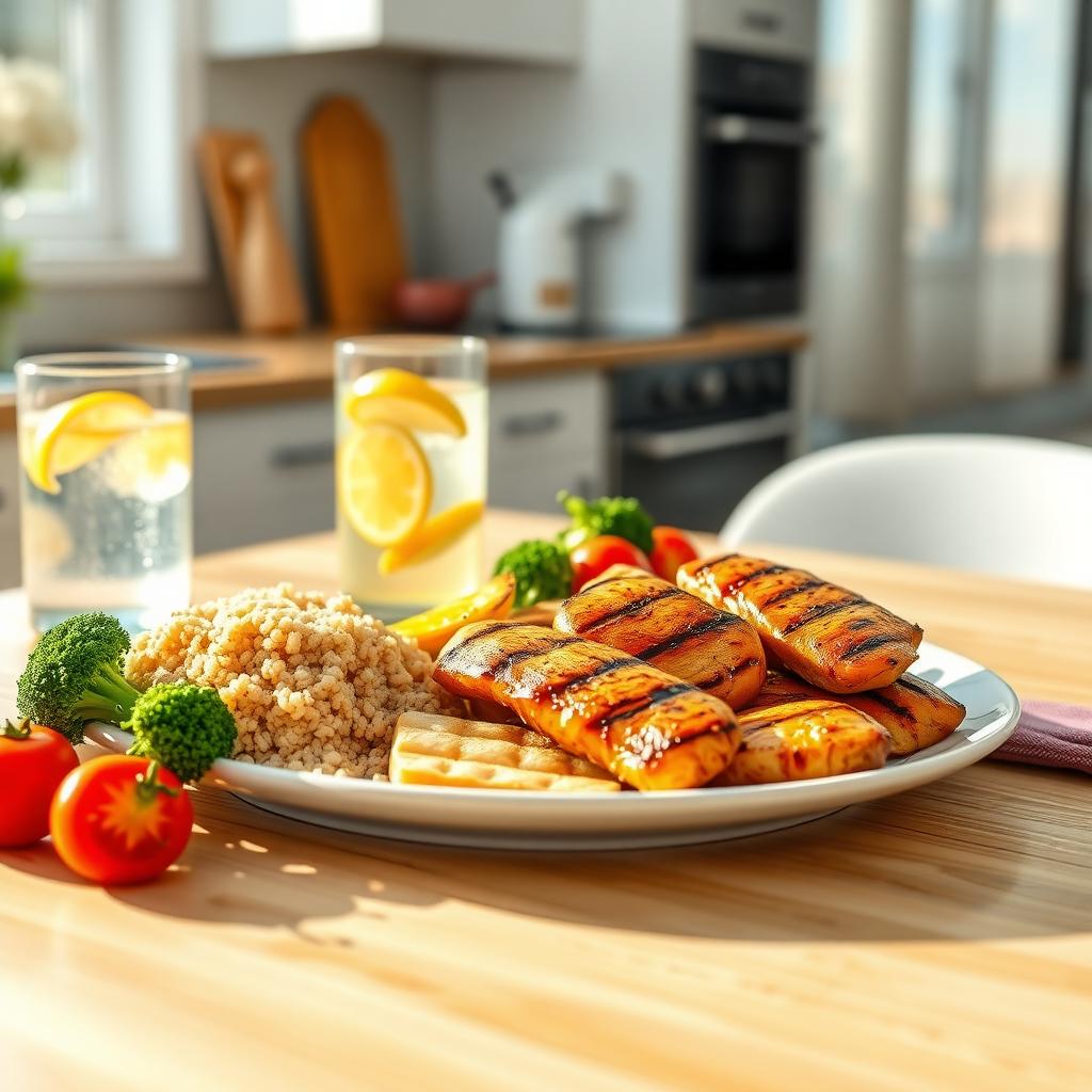 Masă sănătoasă cu pui la grătar, broccoli aburit, quinoa și un pahar cu apă și lămâie, pe o masă modernă de bucătărie.