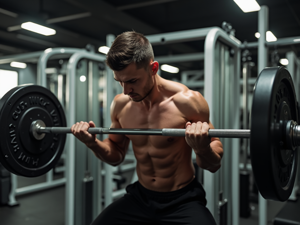 O persoană determinată care ridică greutăți într-o sală de sport, înconjurată de alte echipamente de gimnastică.