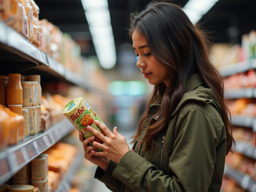 Persoană citind eticheta unui aliment într-un magazin alimentar