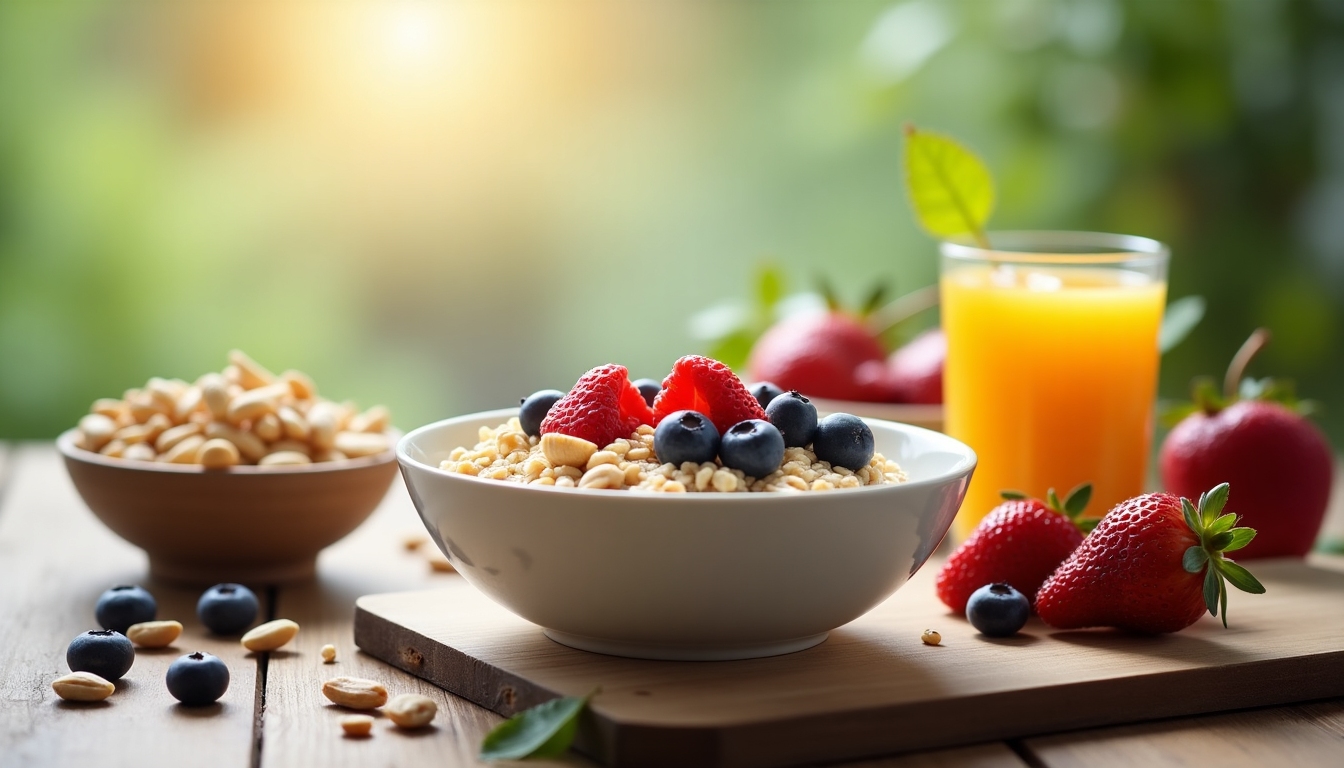 Mic dejun sănătos cu fructe, nuci și cereale integrale, simbolizând legătura dintre alimentație și sănătatea mintală