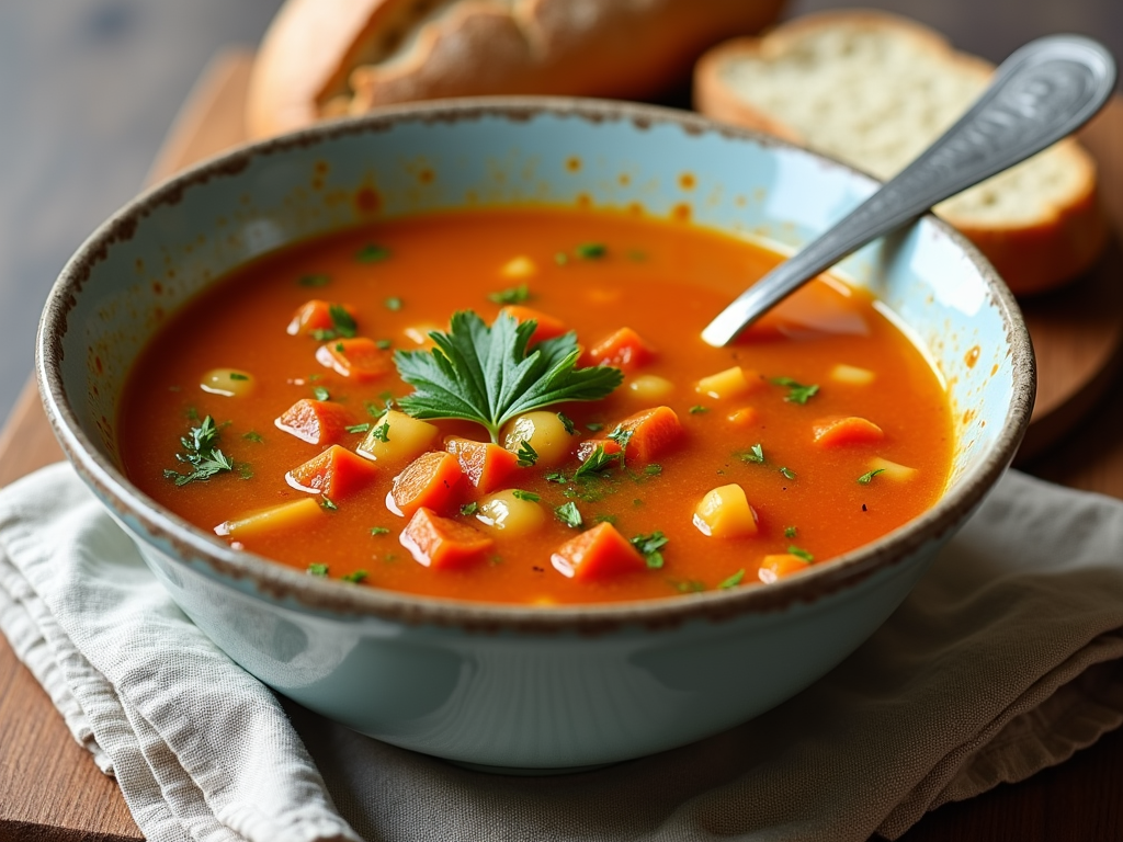 Un bol cu supă caldă de legume, o lingură și o felie de pâine integrală