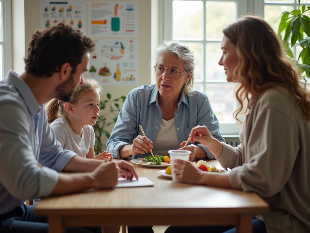 Nutriționist discutând cu o familie despre nevoile lor alimentare