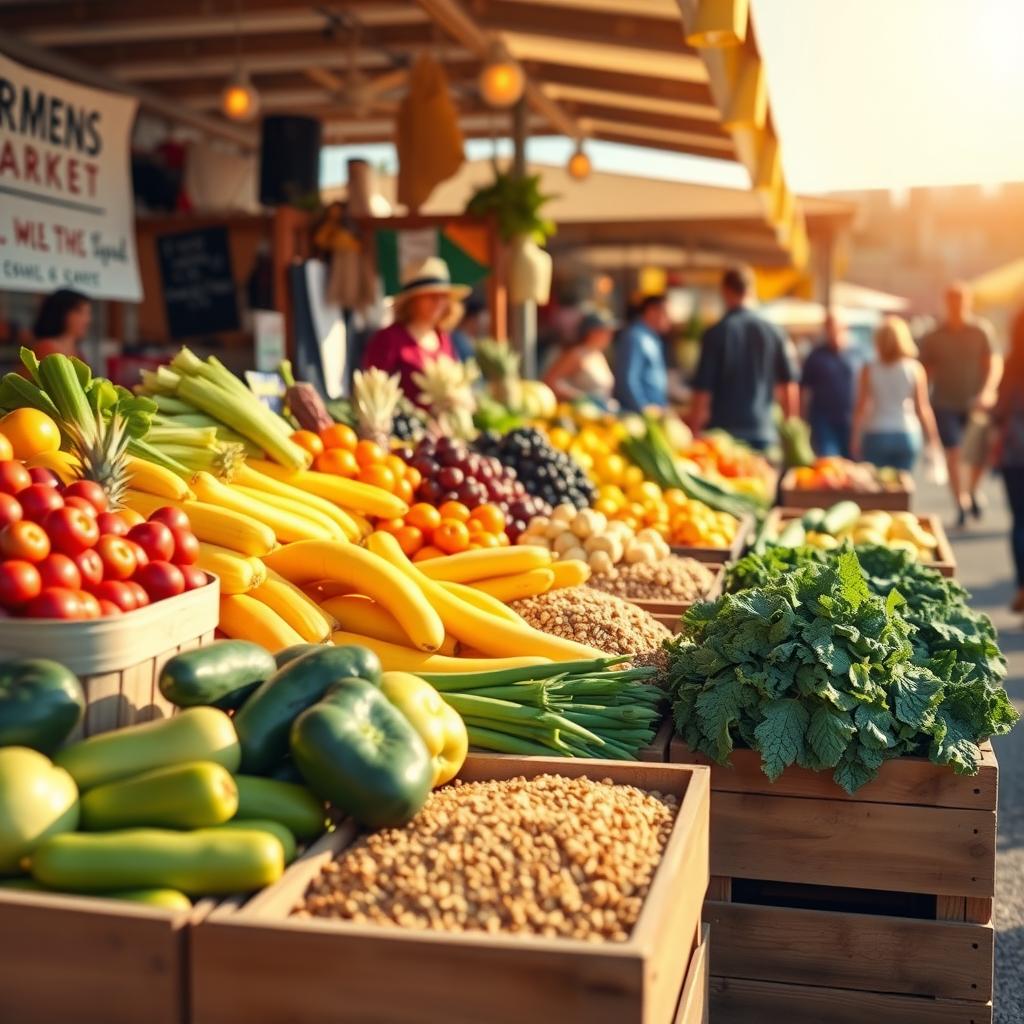 Targ de fermieri cu o varietate de fructe, legume și cereale integrale proaspete, expuse în lădițe de lemn, sub un cer însorit.