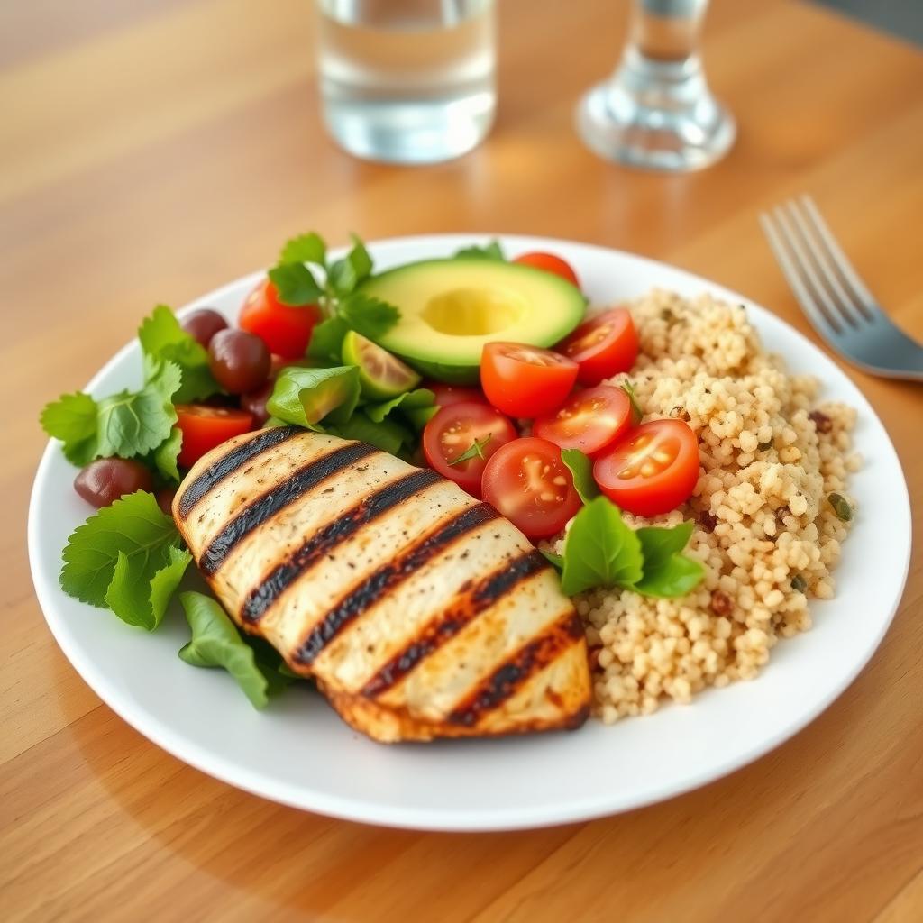 Farfurie cu mâncare sănătoasă, conținând piept de pui la grătar, salată colorată cu roșii, castraveți și avocado, și quinoa, așezată pe o masă din lemn.