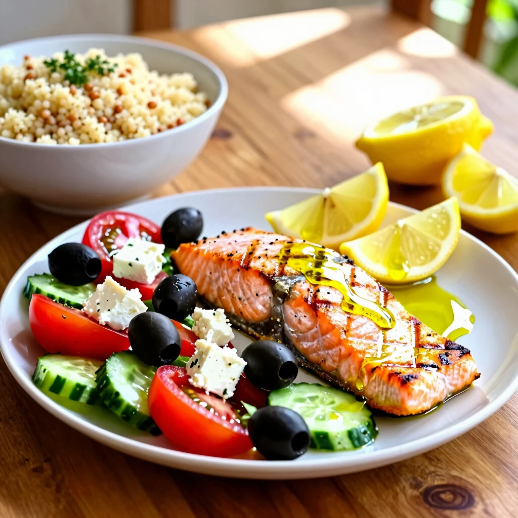 Farfurie apetisantă cu mâncare mediteraneană: somon la grătar, salată grecească și couscous integral