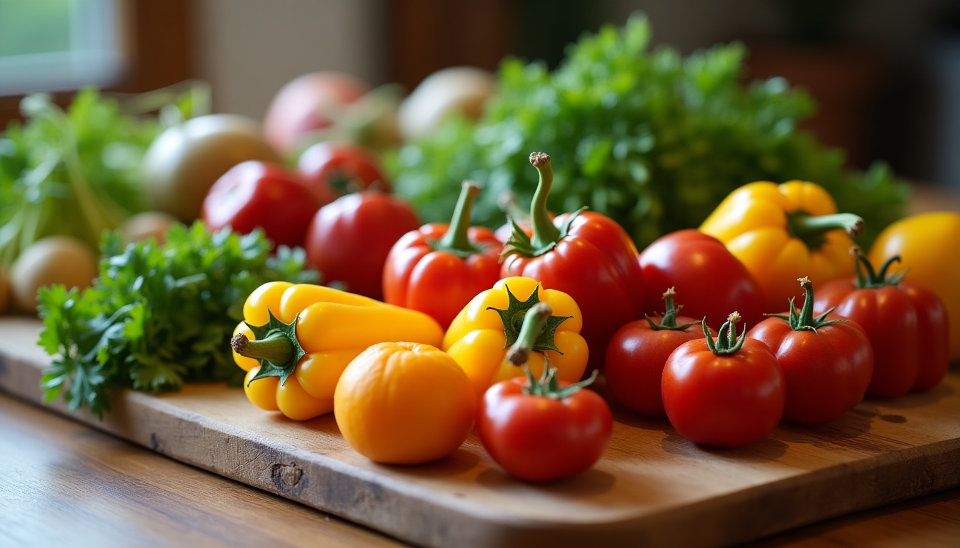 O imagine reprezentând o masă cu alimente sănătoase, inclusiv legume și fructe, pentru o dietă echilibrată.