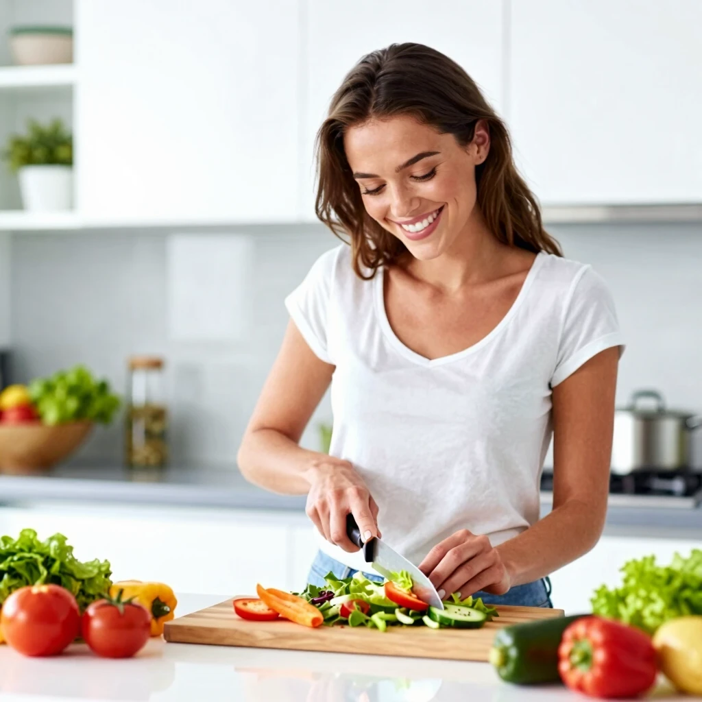 O femeie veselă pregătind o salată sănătoasă într-o bucătărie luminoasă, tăind legume proaspete cu zâmbetul pe buze