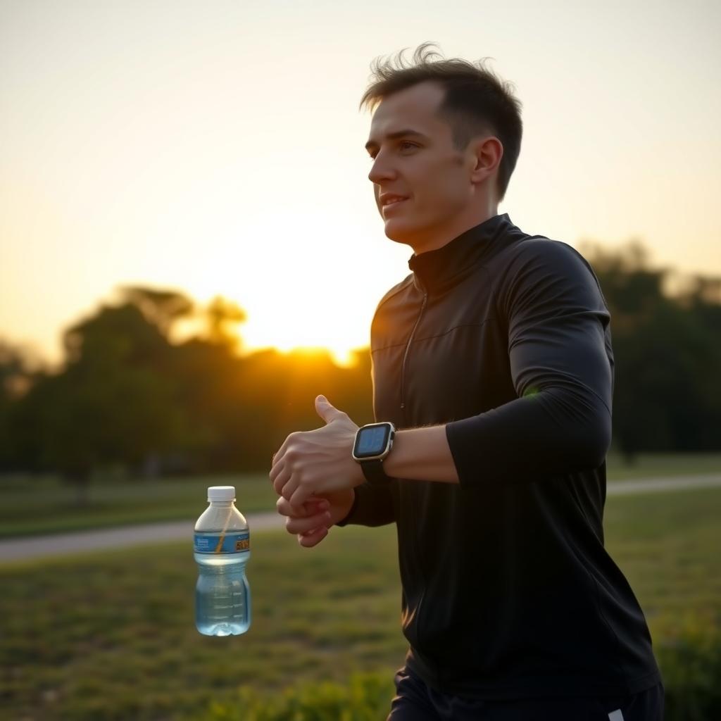 Persoană care aleargă în aer liber într-un parc la răsărit, purtând haine sport și un ceas inteligent, cu o sticlă de apă în mână și un fundal cu copaci și cer senin.