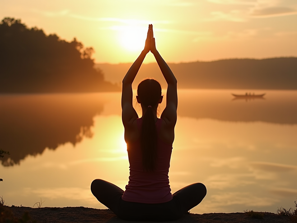 Persoană făcând yoga ușoară la răsărit, lângă un lac liniștit, cu lumină blândă, evidențiind relaxarea activă.