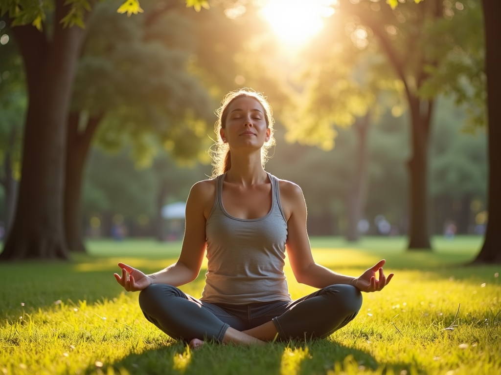 Persoană meditând în aer liber într-un parc liniștit, cu copaci și lumina soarelui, arătând cum relaxarea ajută la slăbit.