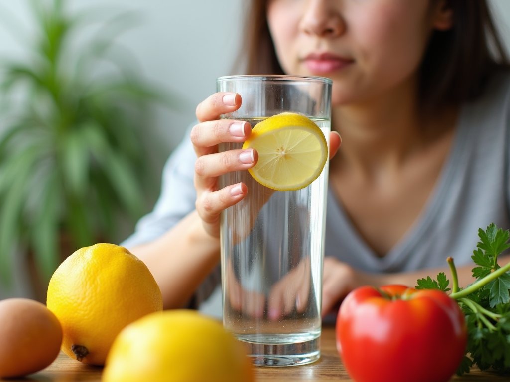 Persoană care bea apă cu lămâie, înconjurată de fructe și legume proaspete