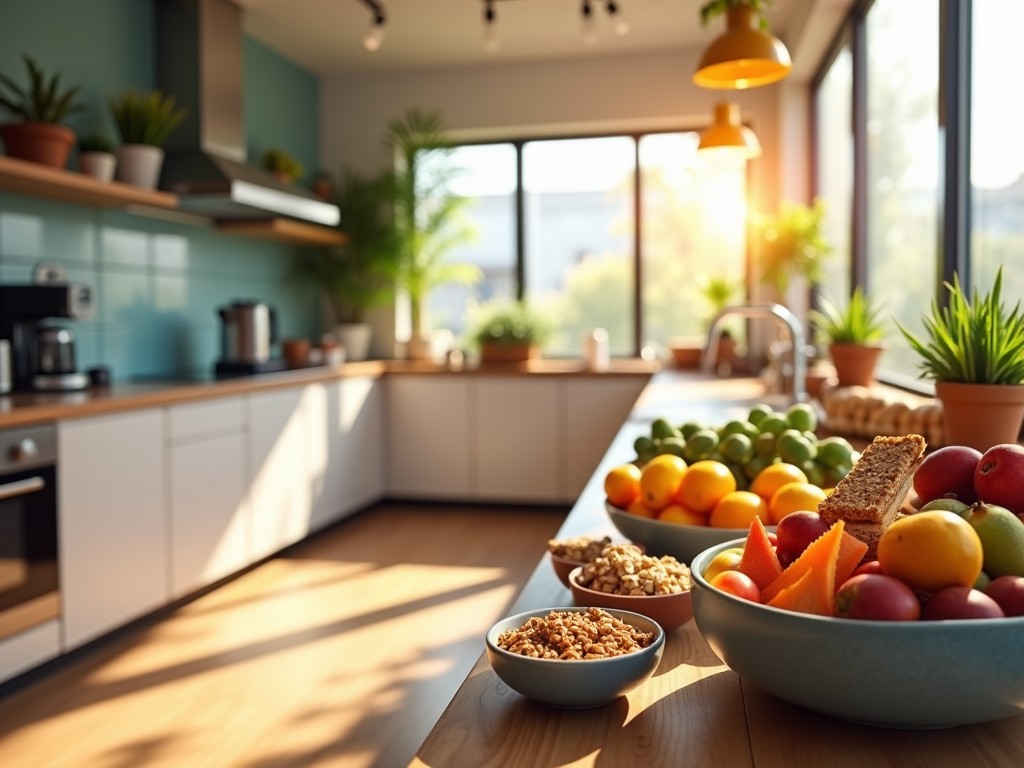 Office communal kitchen filled with healthy snacks and fruits.