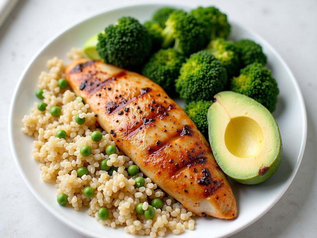 O farfurie sănătoasă cu pui grill, quinoa, broccoli și avocado