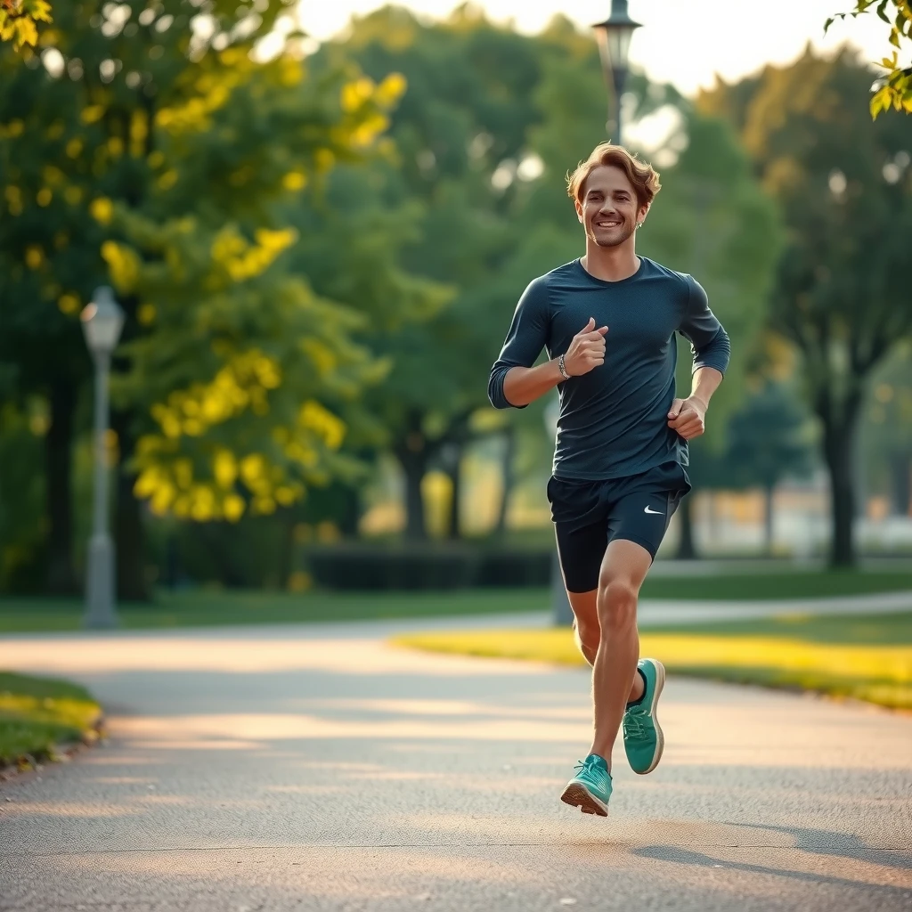 Tânăr motivat făcând jogging în parc la răsăritul soarelui