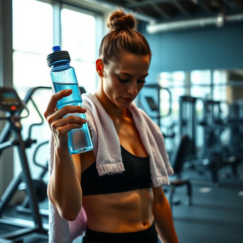 Persoană întinzându-se după un antrenament într-o sală de fitness modernă, ținând o sticlă de apă, cu un prosop pe umăr.
