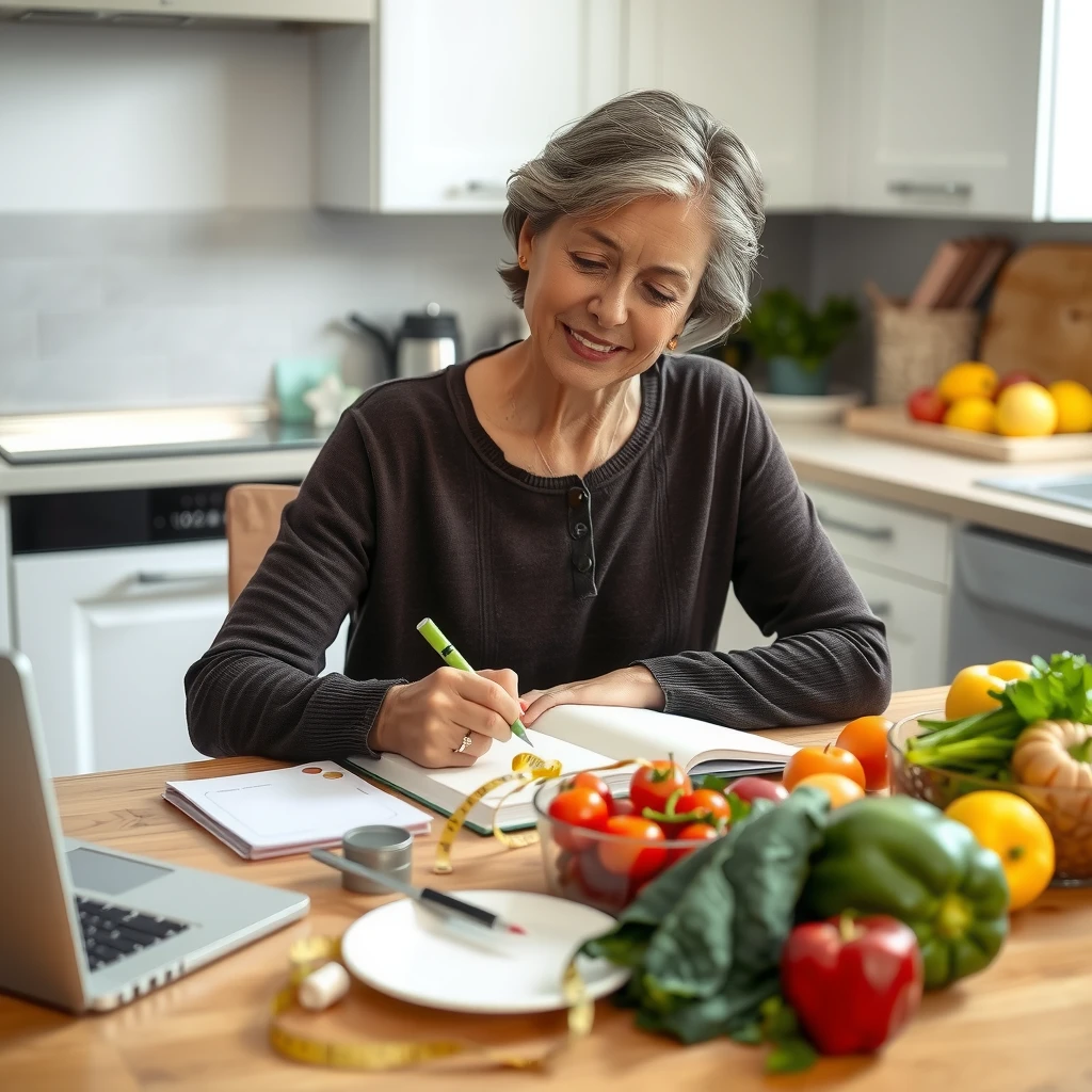 O persoană planificând mese sănătoase, notând într-un caiet înconjurat de ingrediente proaspete, cu expresie motivată