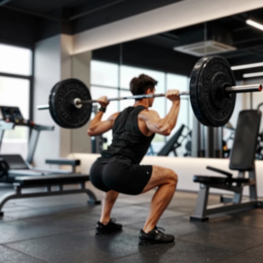 Persoană efectuând exerciții de forță precum genuflexiuni și îndreptări în sală modernă, cu formă corectă