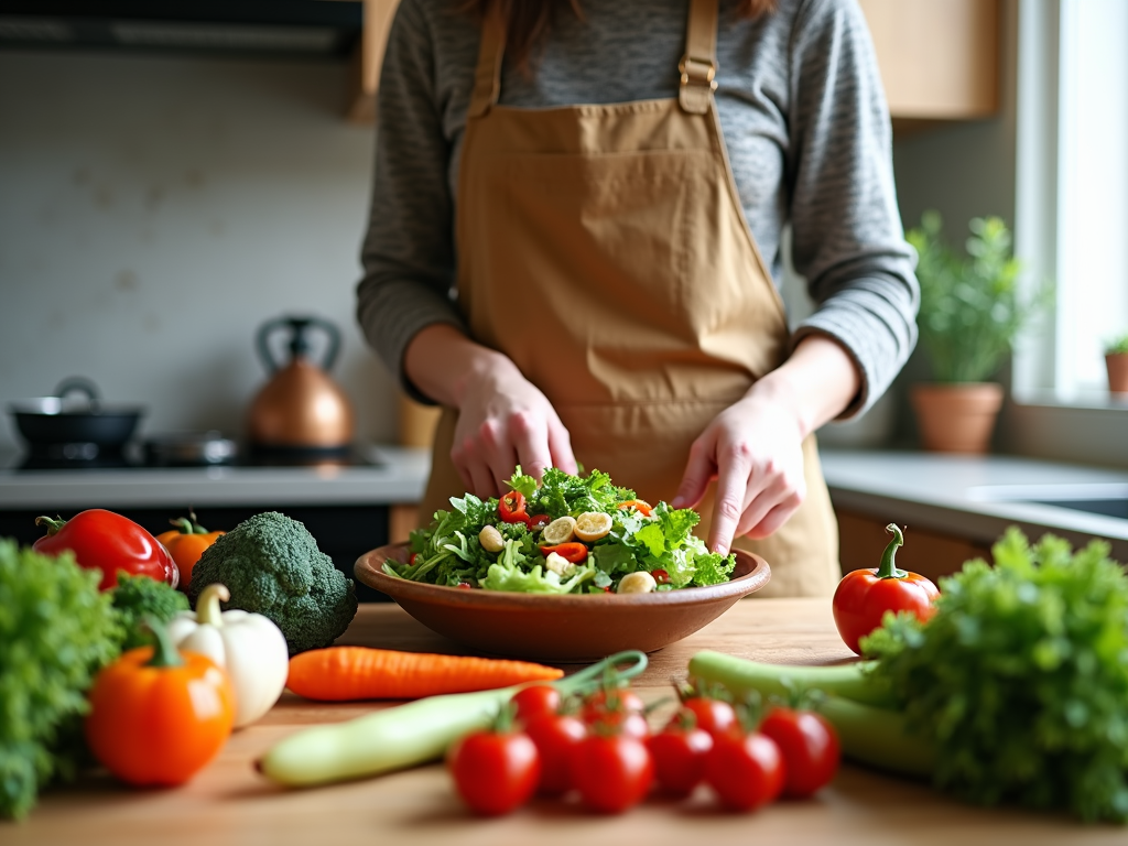 O persoană care pregătește o salată colorată într-o bucătărie confortabilă, cu legume proaspete pe masă, evidențiind bucuria gătitului sănătos.