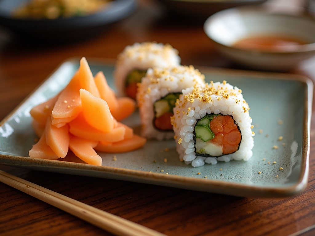 Ghimbir murat lângă un rulou de sushi