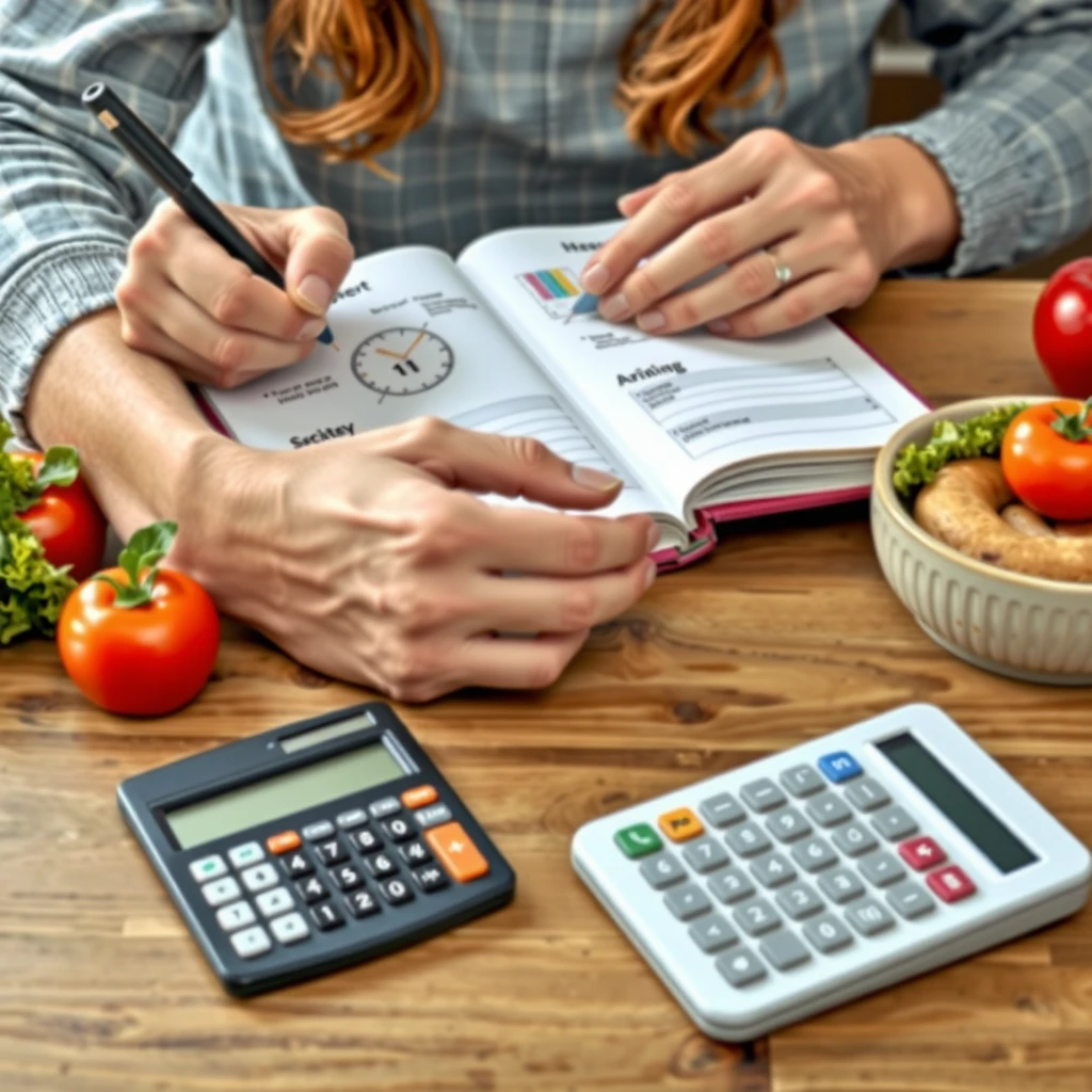 O persoană scriind un plan alimentar personalizat într-un caiet, cu alimente sănătoase și un calculator pe masă