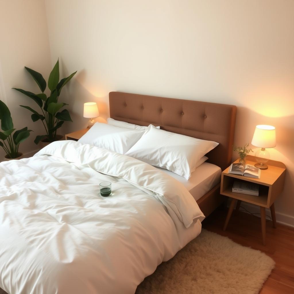 Dormitor confortabil cu lenjerie albă, lumină caldă și plante verzi, ideal pentru un somn odihnitor.