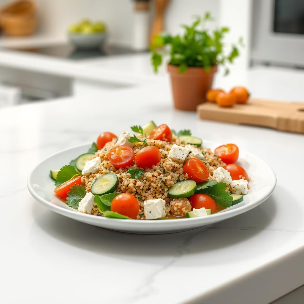 Salată mediteraneană cu quinoa, roșii cherry, castraveți și brânză feta pe o farfurie albă.