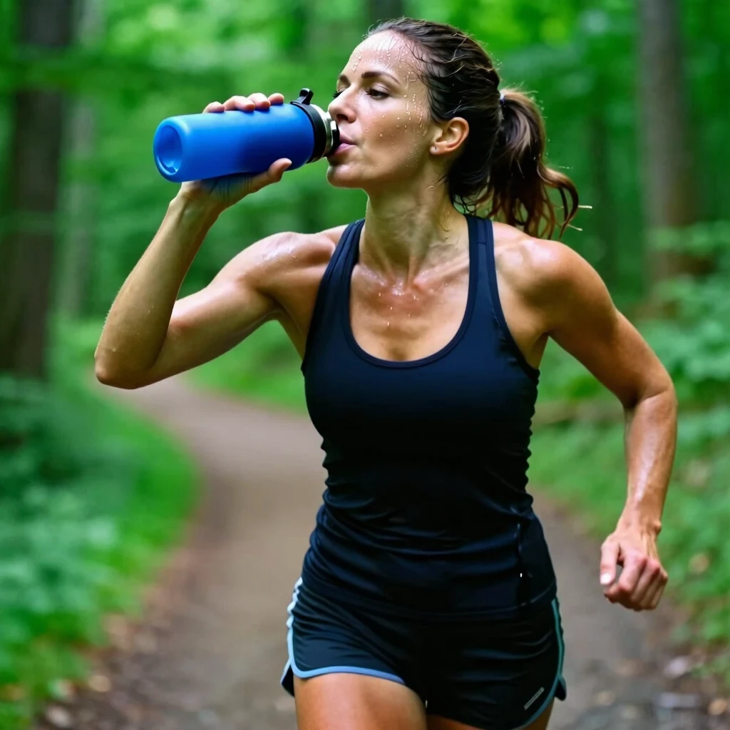 Femeie alergând pe potecă și hidratându-se corect în timpul exercițiului