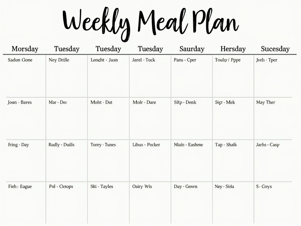 Calendar saptamanal de planificare a meselor cu optiuni sanatoase pentru fiecare zi.