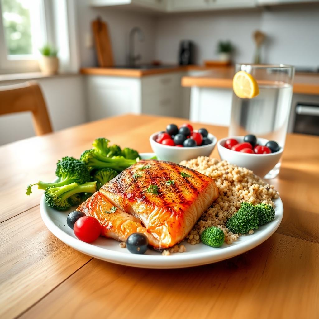 Masă echilibrată cu somon bogat în omega-3, broccoli, quinoa și fructe de pădure, așezată pe o masă din lemn într-o bucătărie luminoasă.