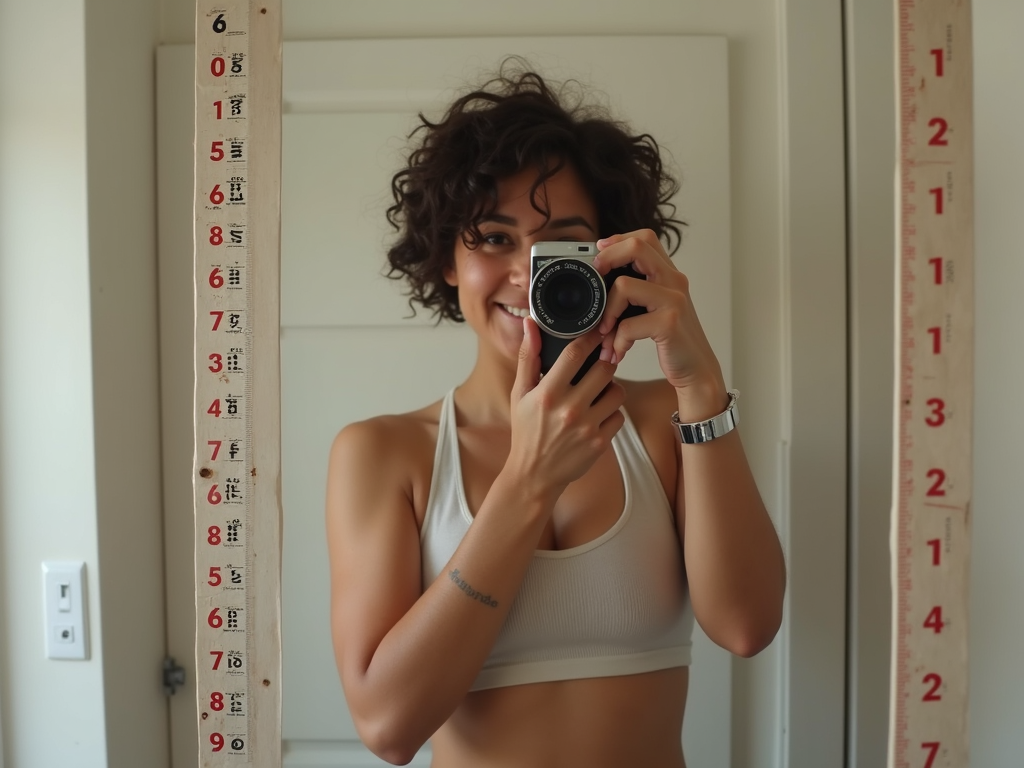 Persoană care face o fotografie de progres în fața oglinzii, ținând o cameră sau un smartphone, cu un calendar sau o bandă de măsurare vizibilă pentru a arăta trecerea timpului.
