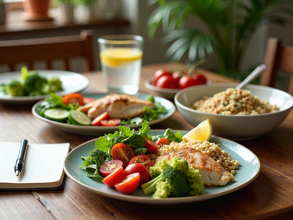 O masă cu mese sănătoase, inclusiv o salată colorată, quinoa, pește la grătar și apă cu lămâie.